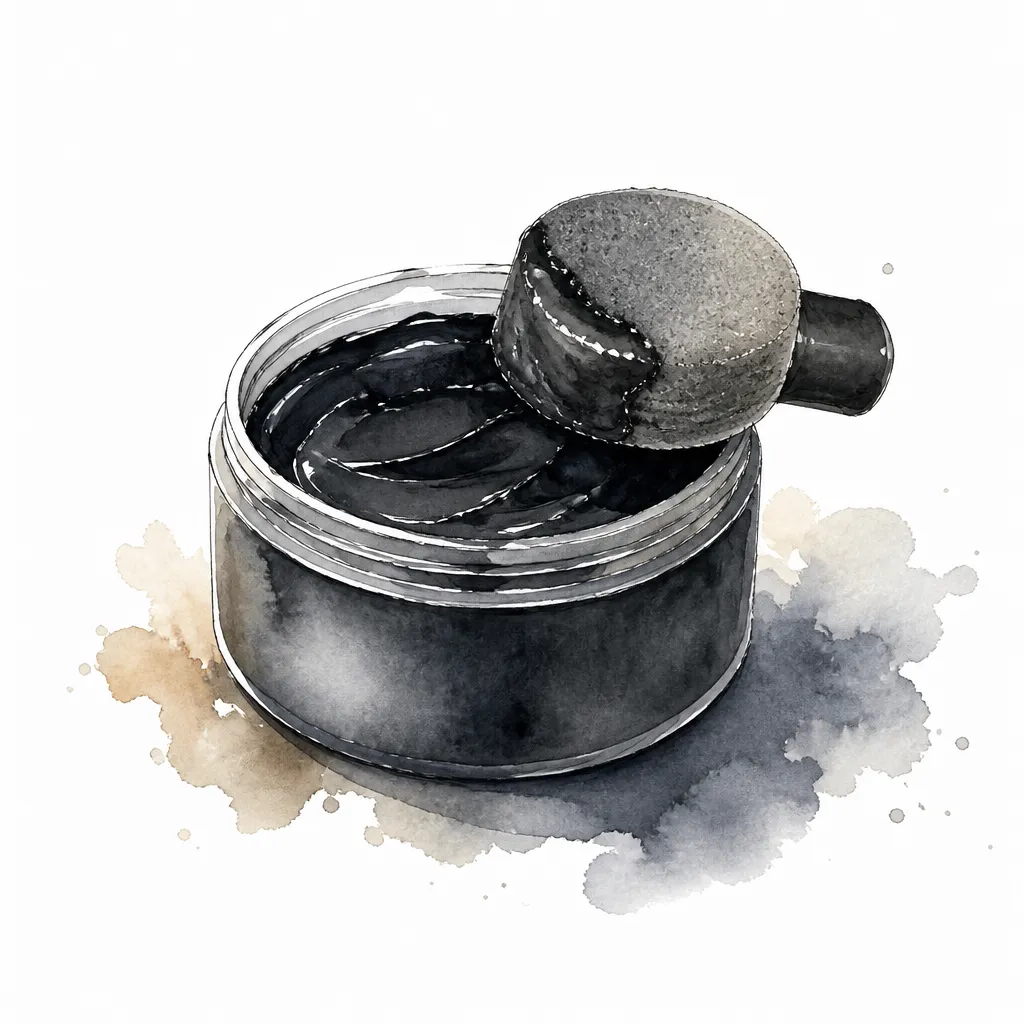 Watercolour close-up of a tub of trim restorer with a gel smeared foam applicator.