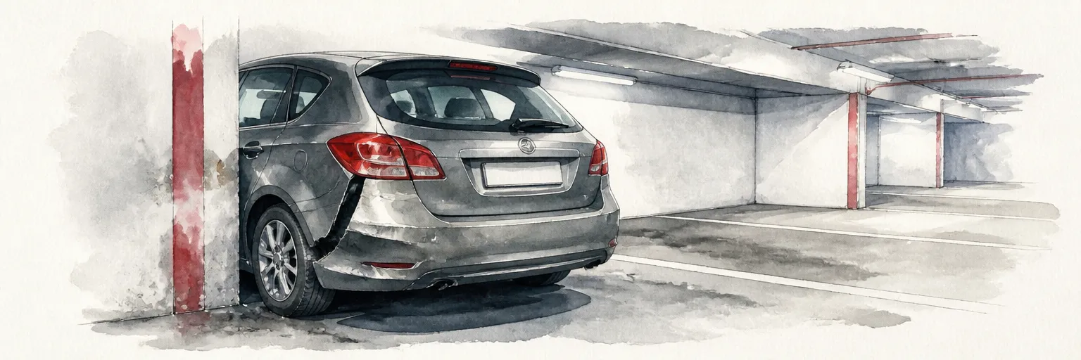 Watercolour illustration of a hatchback with a split bumper corner beside a carpark pillar.