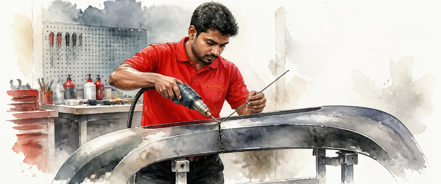 Watercolour illustration of a technician welding a cracked bumper shell with a filler rod on a stand.