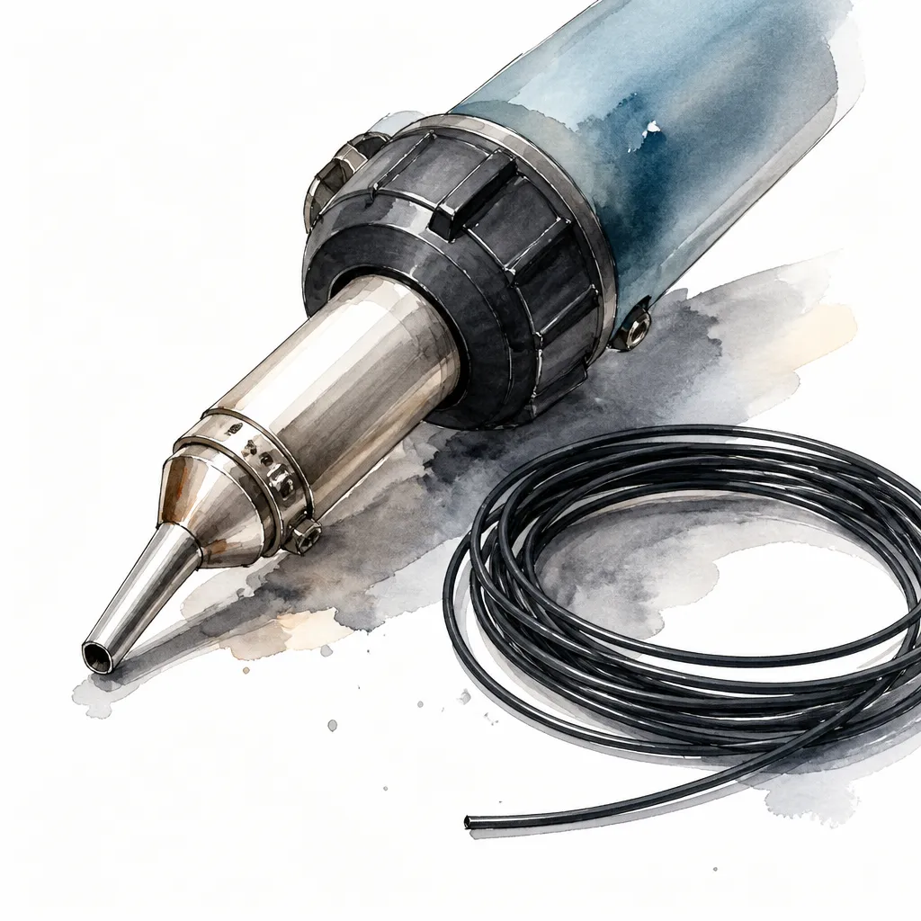 Watercolour close-up of a hot air welding tip beside a coil of black filler rod.