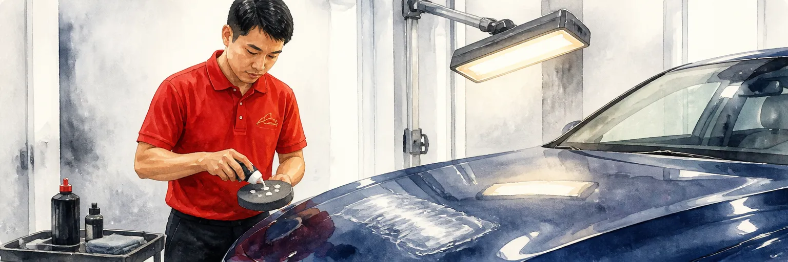 Watercolour illustration of a technician dotting compound onto a pad beside a partly corrected bonnet.