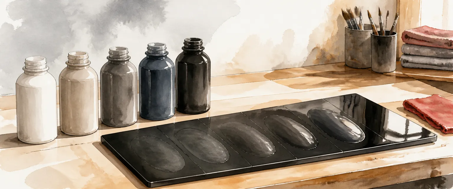 Watercolour illustration of compound bottles beside a test panel with patches of increasing gloss.