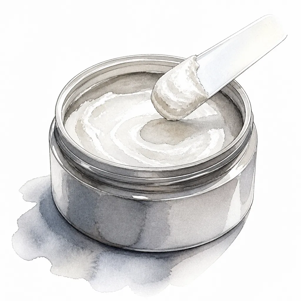 Watercolour close-up of an open jar of cutting compound with a dollop on a spatula.