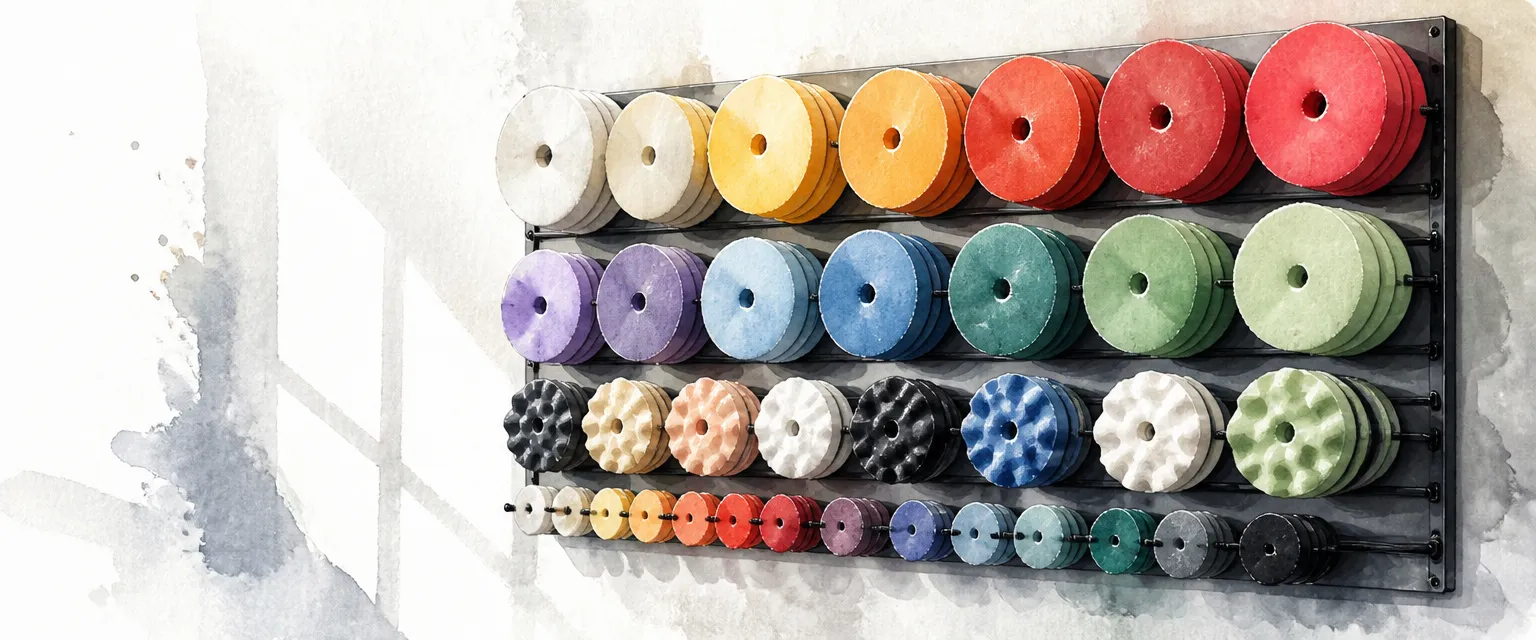 Watercolour illustration of a wall rack holding rows of foam polishing pads in many colours.