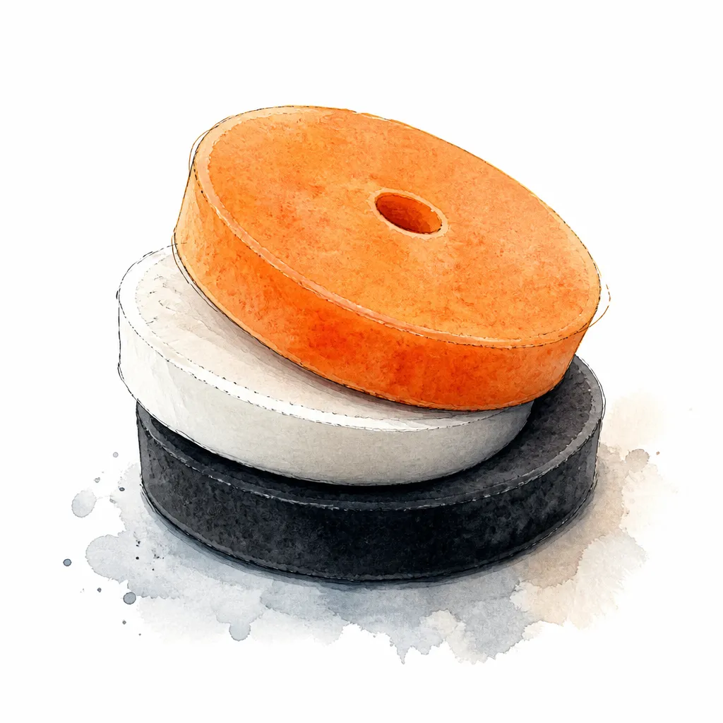 Watercolour close-up of a fanned stack of foam polishing pads.