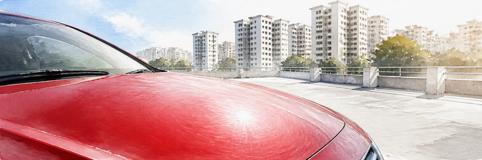 Watercolour close-up of fine swirl marks shimmering on a red car bonnet under harsh Singapore sun.