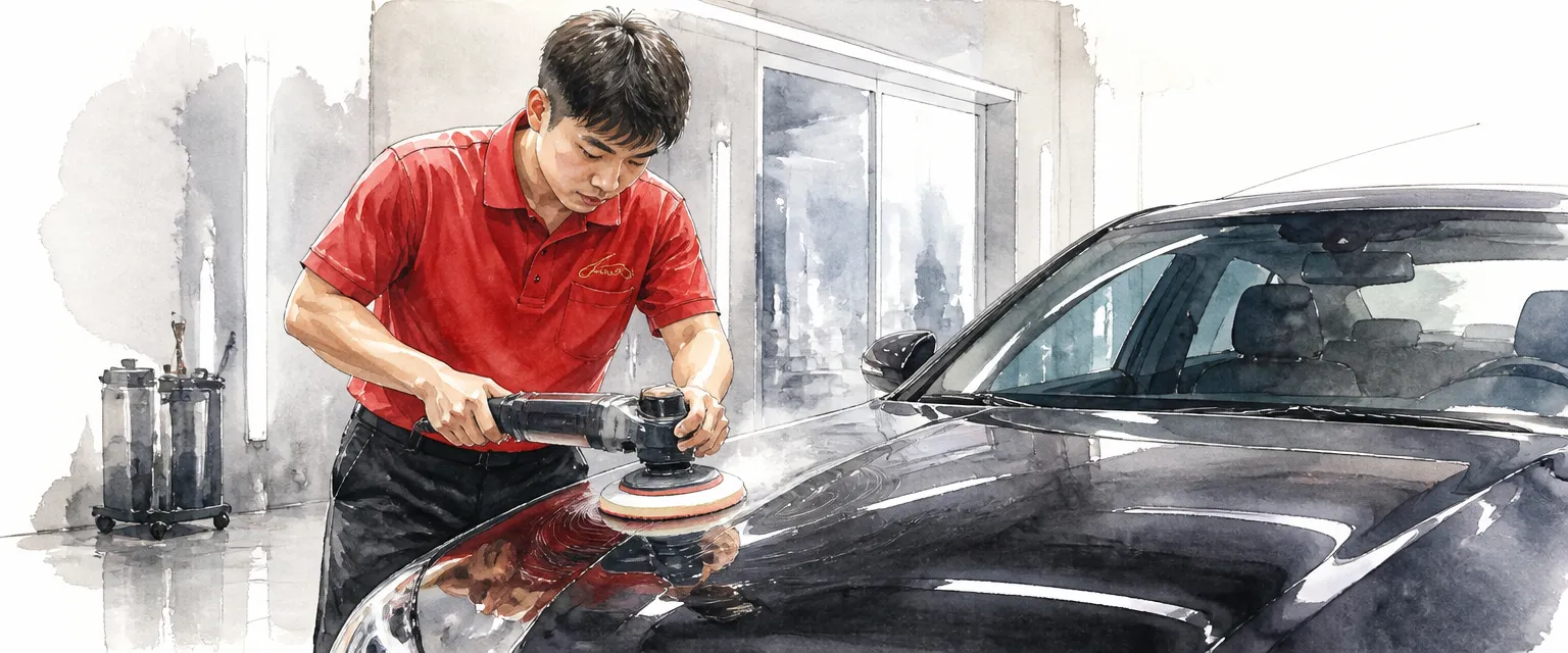 Watercolour illustration of a technician in a red polo machine polishing the bonnet of a dark saloon in a workshop.