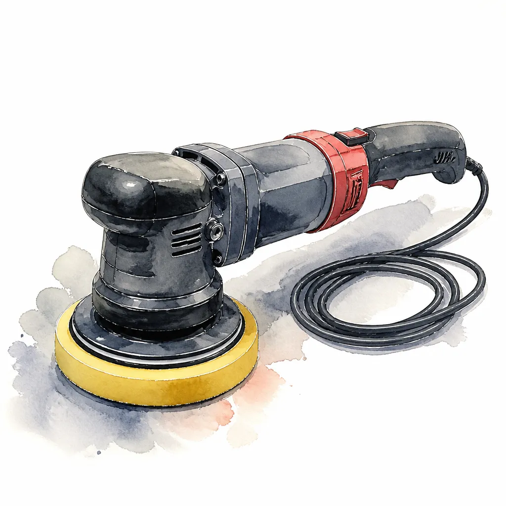 Watercolour illustration of a dual action polisher fitted with a yellow foam pad.