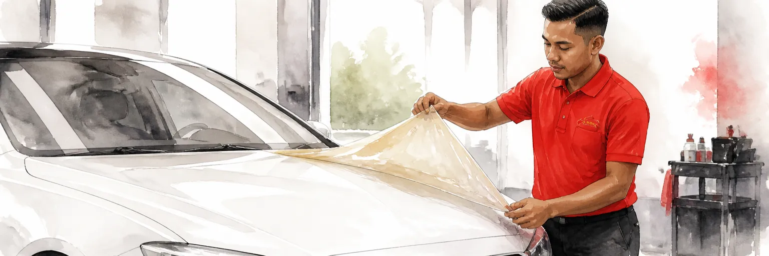 Watercolour illustration of a technician in a red polo peeling aged yellowed film off a white bonnet in a workshop.