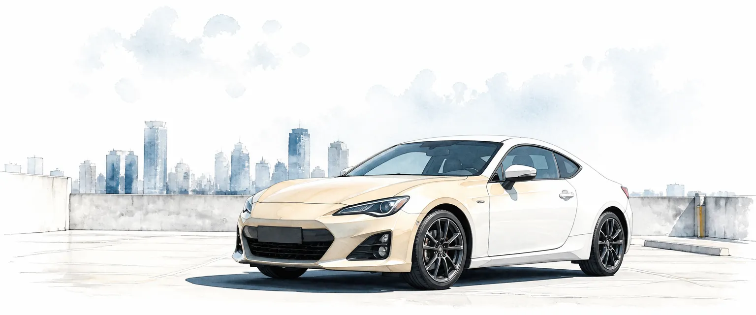 Watercolour illustration of a white coupe on a rooftop car park with its protection film turning amber under strong sun.