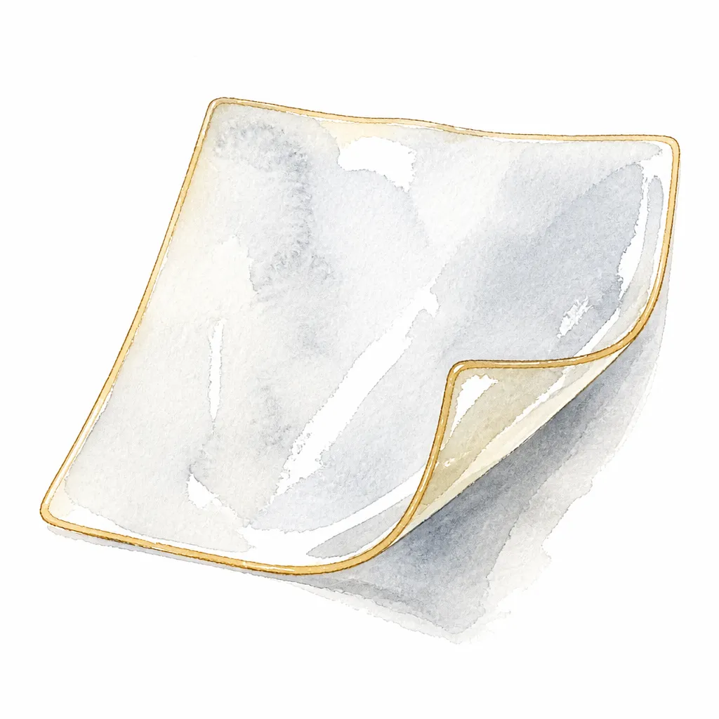 Watercolour close-up of a curling film swatch with one amber tinged edge.