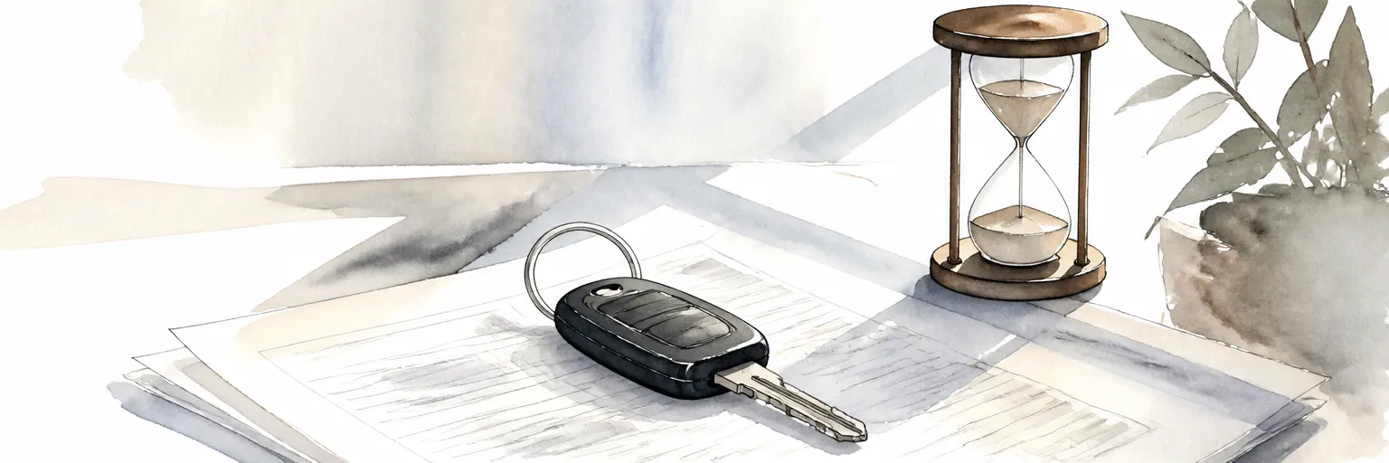 Watercolour illustration of a car key on abstract paperwork beside a small hourglass on a quiet desk.