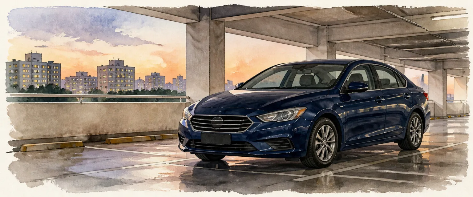 Watercolour illustration of a well kept dark blue saloon parked in an HDB multi-storey car park at dusk.