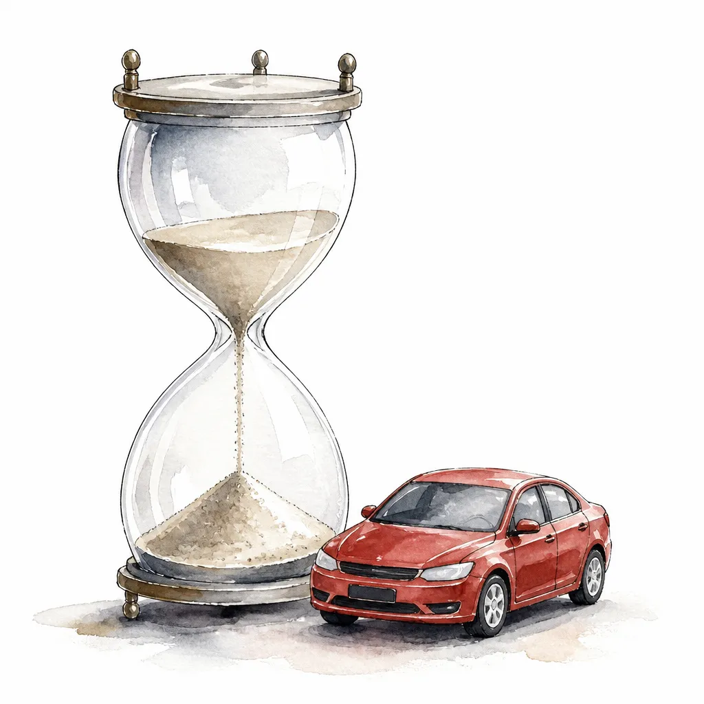 Watercolour illustration of an hourglass standing beside a tiny toy scale car.