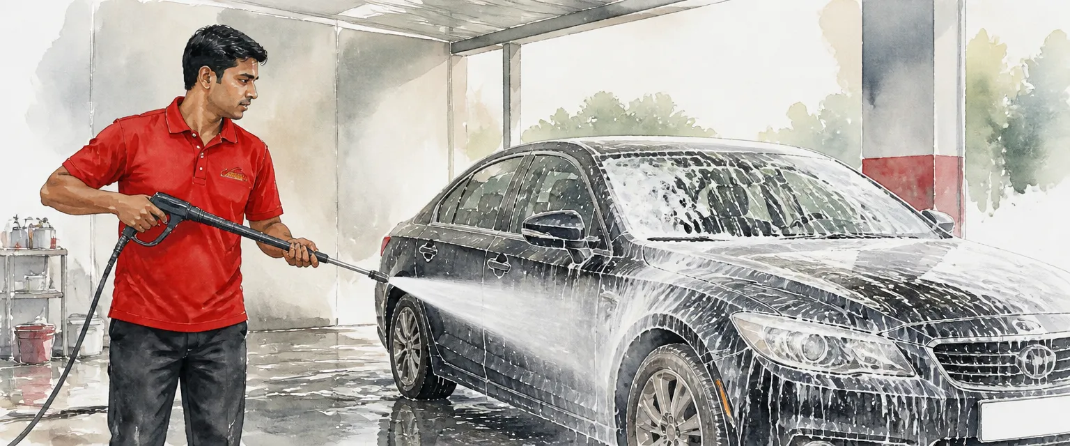 Watercolour illustration of a technician in a red polo rinsing a foam covered dark saloon in a wash bay.