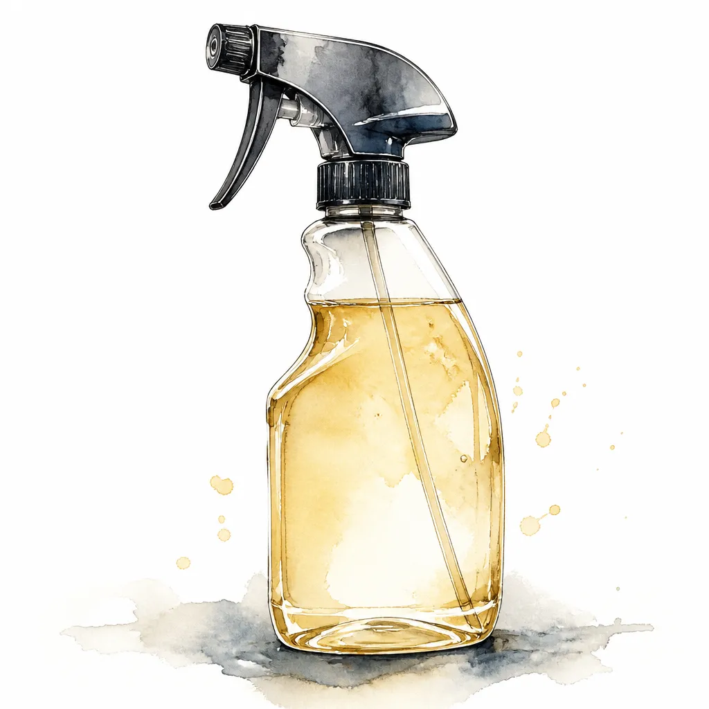 Watercolour illustration of a trigger spray bottle of citrus gold pre wash cleaner.