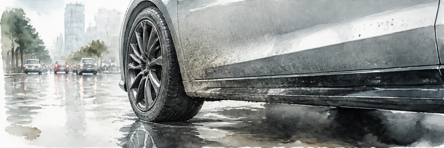 Watercolour close-up of road grit speckling a car's wheel arch and sill on a wet Singapore road.
