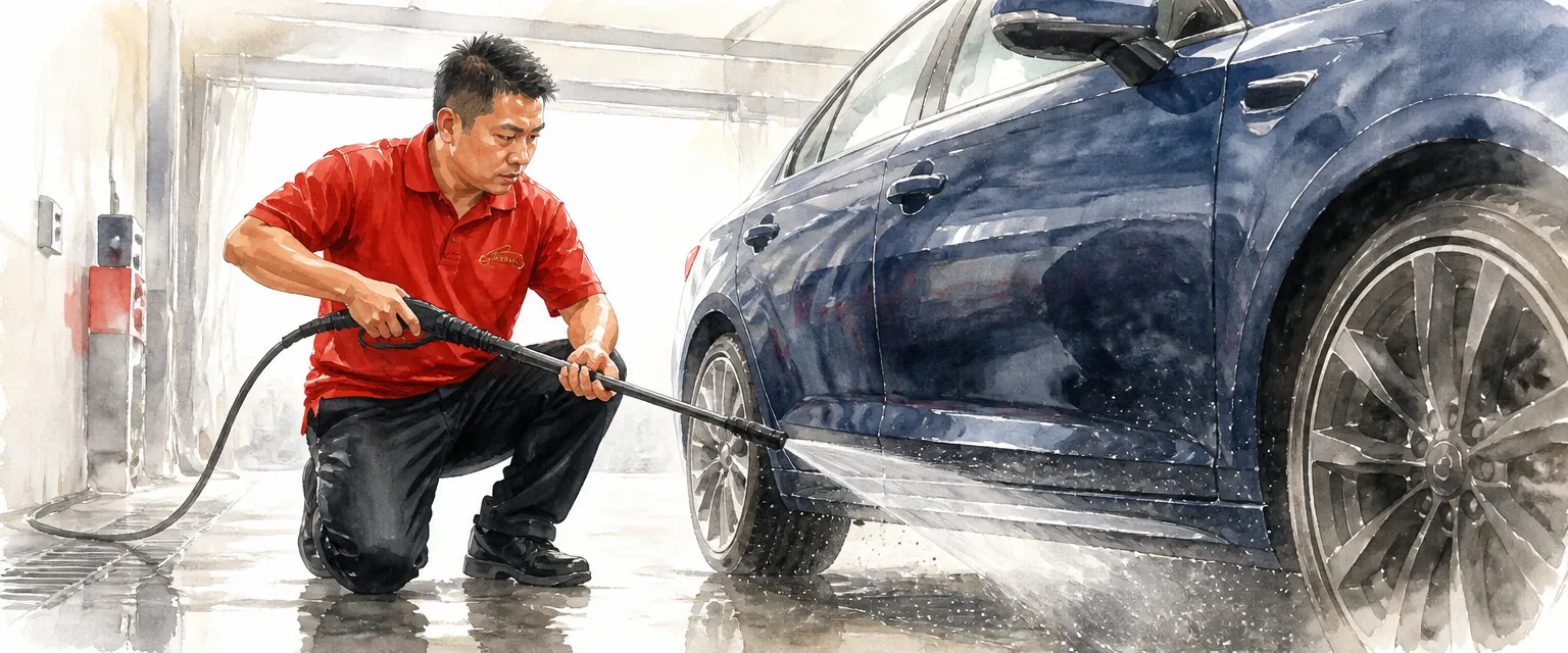 Watercolour illustration of a technician in a red polo sweeping a pressure washer lance along a dark blue car.
