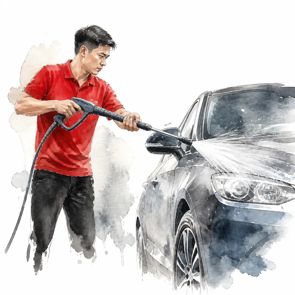 Watercolour illustration of a pressure washer lance spraying a fine fan of water.