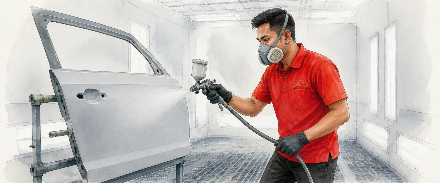 Watercolour illustration of a technician in a red polo spraying grey primer onto a door panel in a booth.