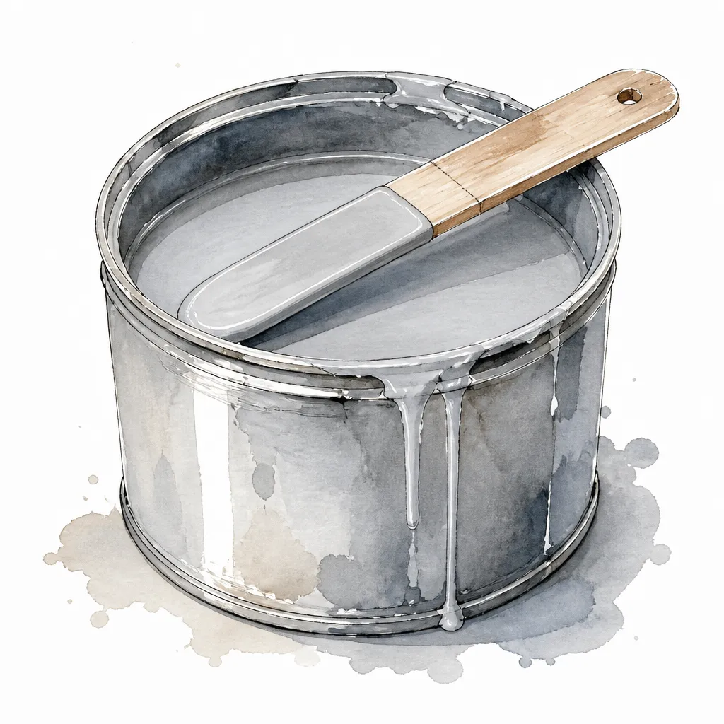 Watercolour illustration of an open tin of grey primer with a stir stick across its rim.