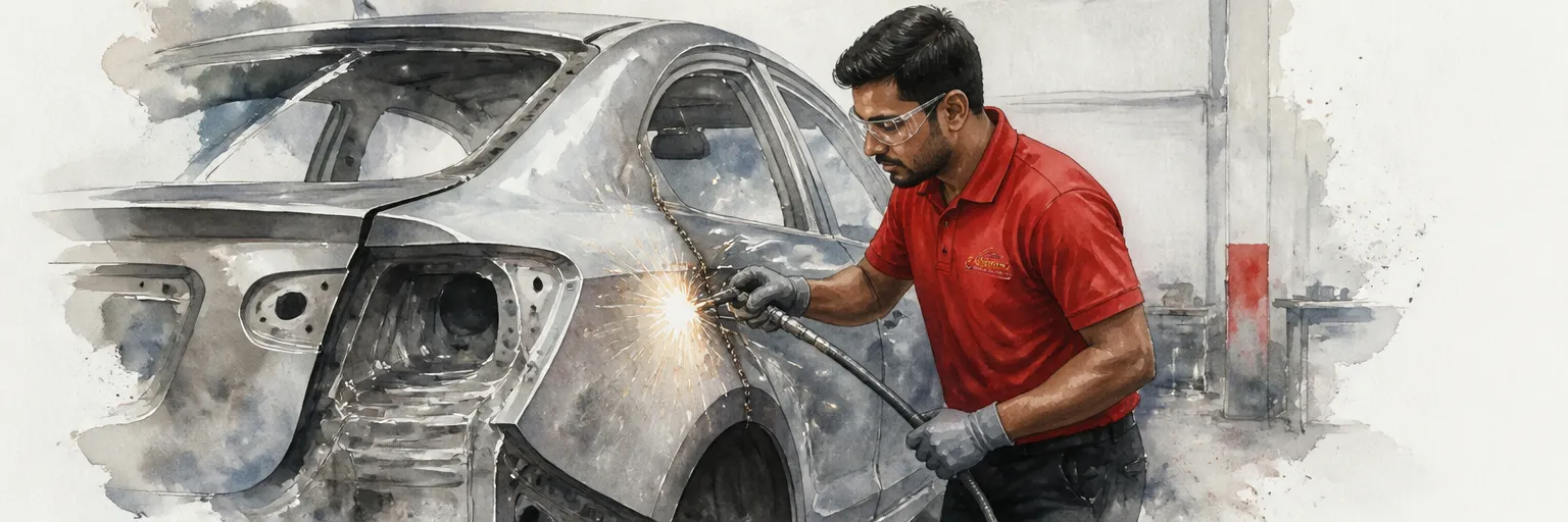 Watercolour illustration of a technician in a red polo finishing a welded quarter panel seam with sparks flying.