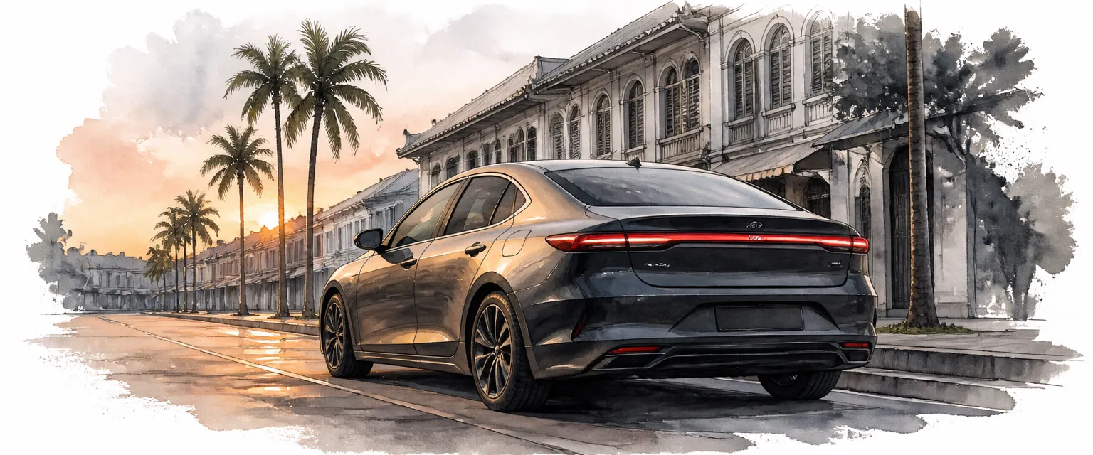 Watercolour illustration of a dark grey saloon at dusk seen from the rear corner on a palm lined street.
