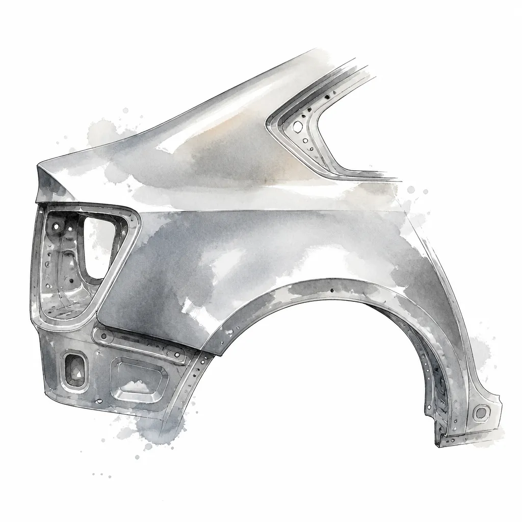 Watercolour illustration of a bare steel quarter panel section with a curved wheel arch.
