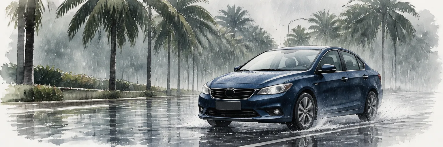 Watercolour illustration of a dark blue saloon planted on a rain soaked palm lined Singapore avenue.