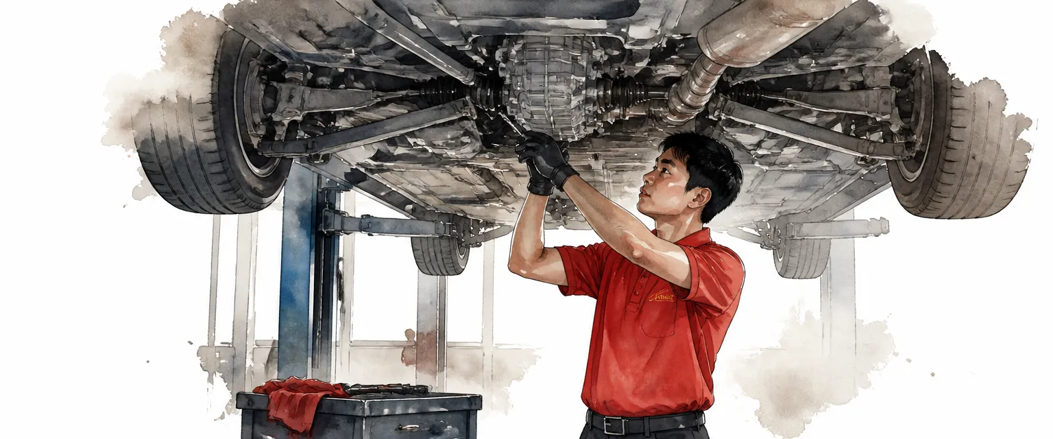 Watercolour illustration of a technician in a red polo servicing the driveline beneath a car raised on a lift.