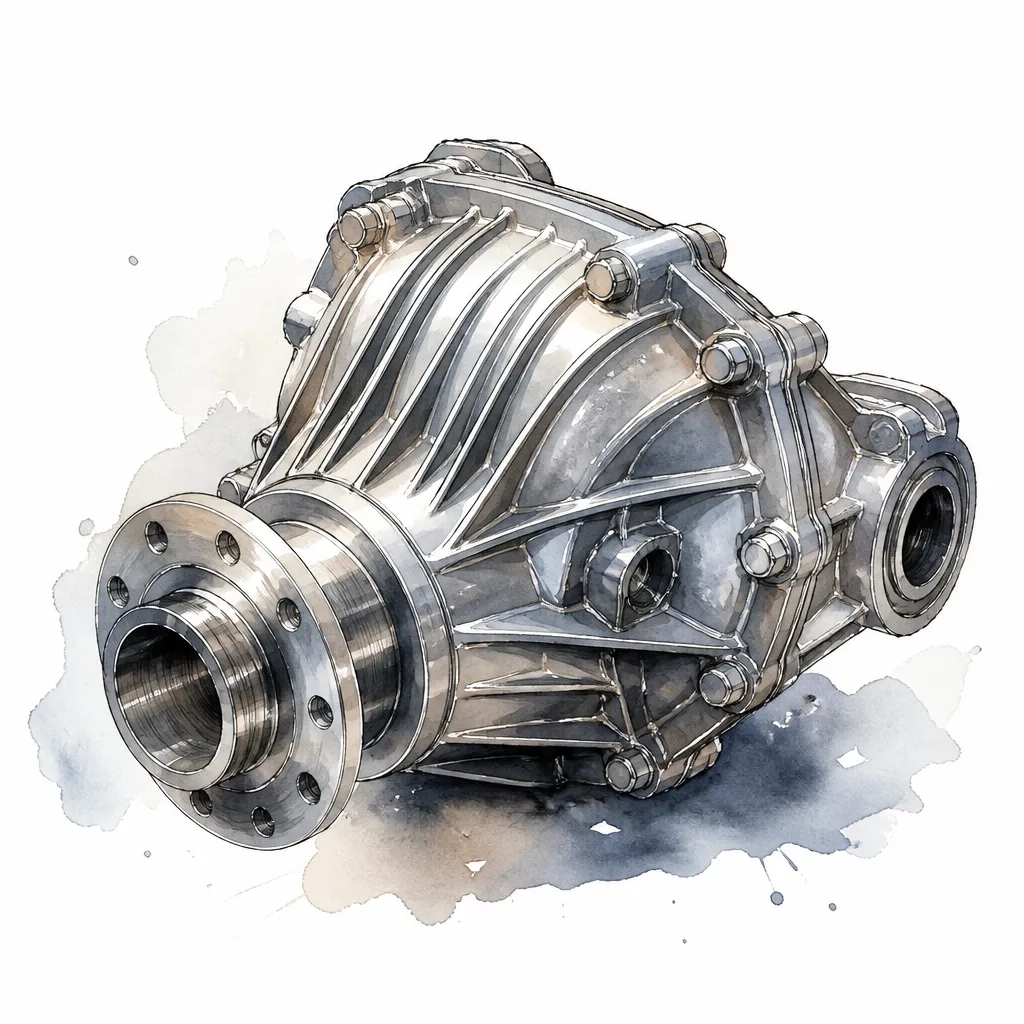 Watercolour illustration of a ribbed metal centre differential housing.