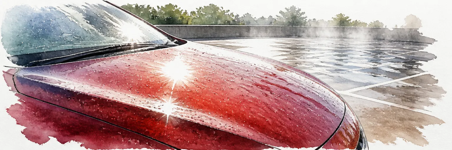 Watercolour close-up of drying water spots dulling a red bonnet as sun returns after a Singapore shower.