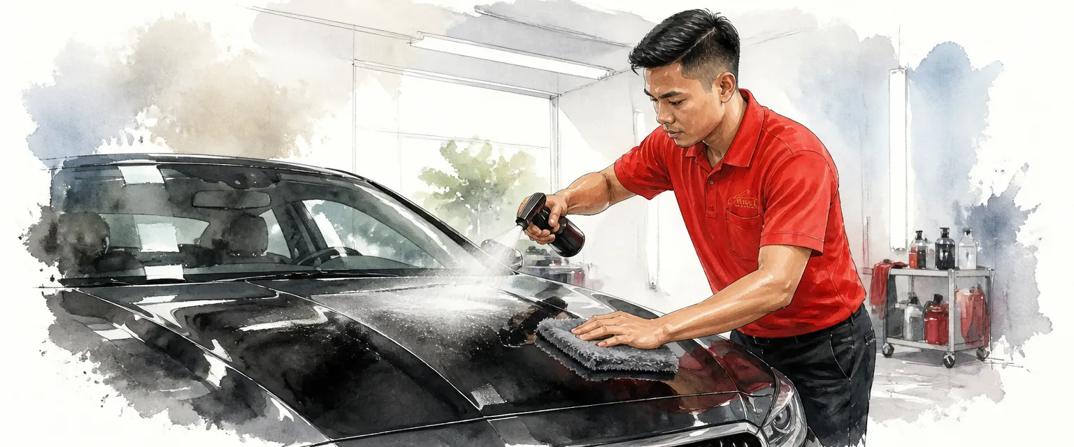 Watercolour illustration of a technician in a red polo misting quick detailer onto a black bonnet and wiping it clear.