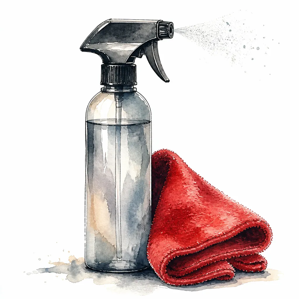 Watercolour illustration of a slim spray bottle beside a folded plush microfibre towel.
