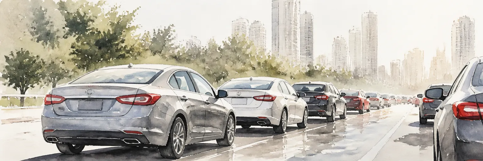 Watercolour illustration of cars creeping through shimmering Singapore traffic heat with towers in the haze.