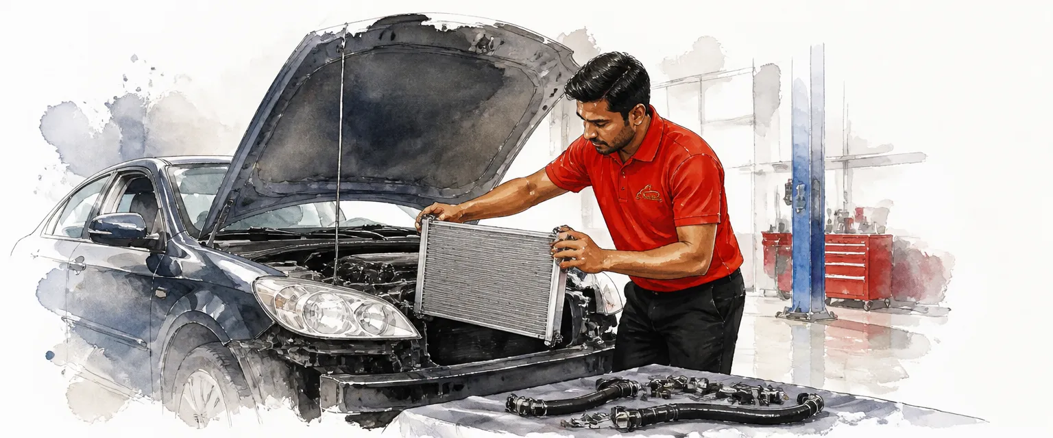 Watercolour illustration of a technician in a red polo lowering a new radiator into the front of a dark saloon.