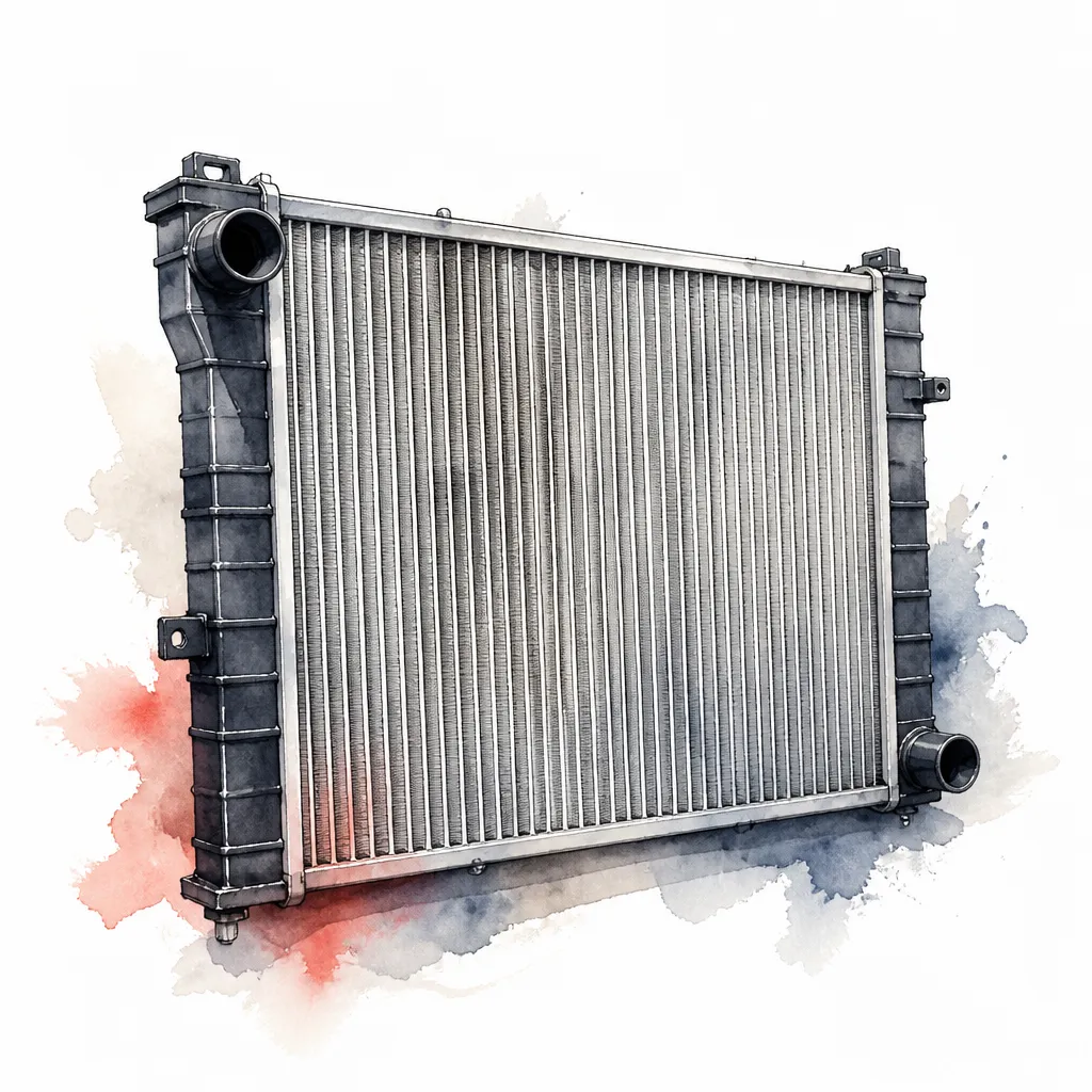 Watercolour illustration of an aluminium radiator core with fine cooling fins.