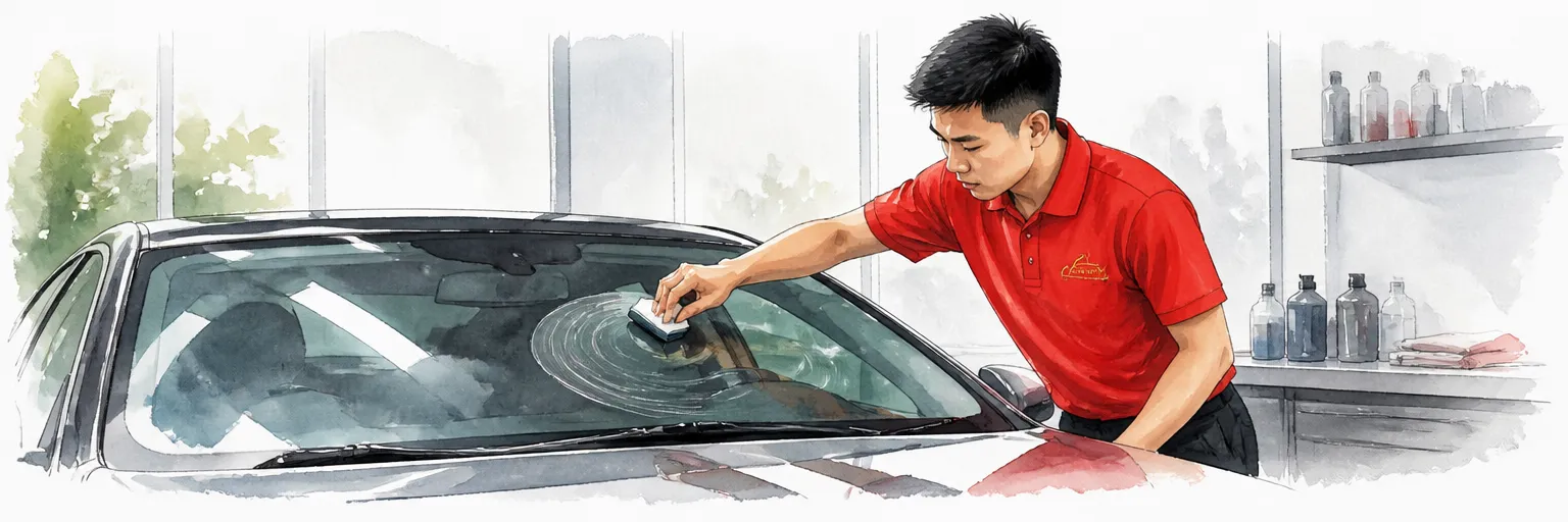 Watercolour illustration of a technician in a red polo applying glass treatment to a windscreen with a felt pad.