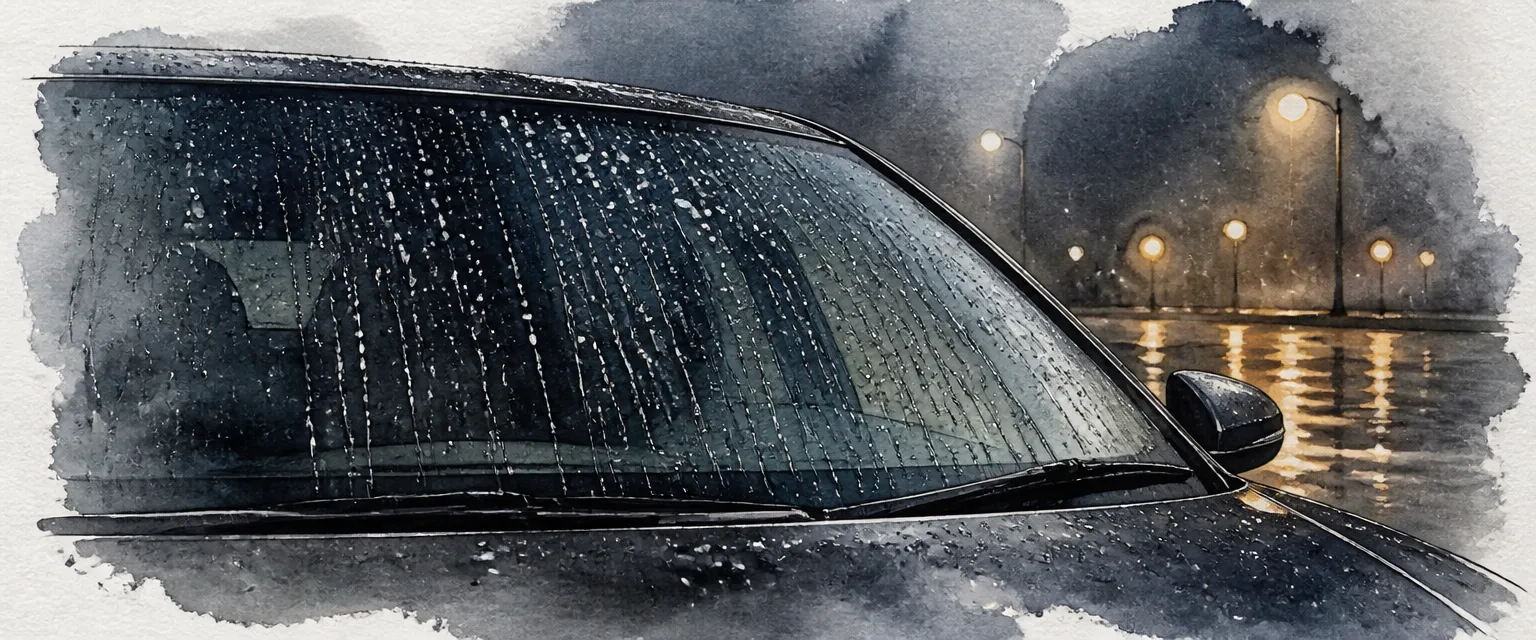 Watercolour close-up of rain beading and streaming off a treated windscreen during a night downpour.