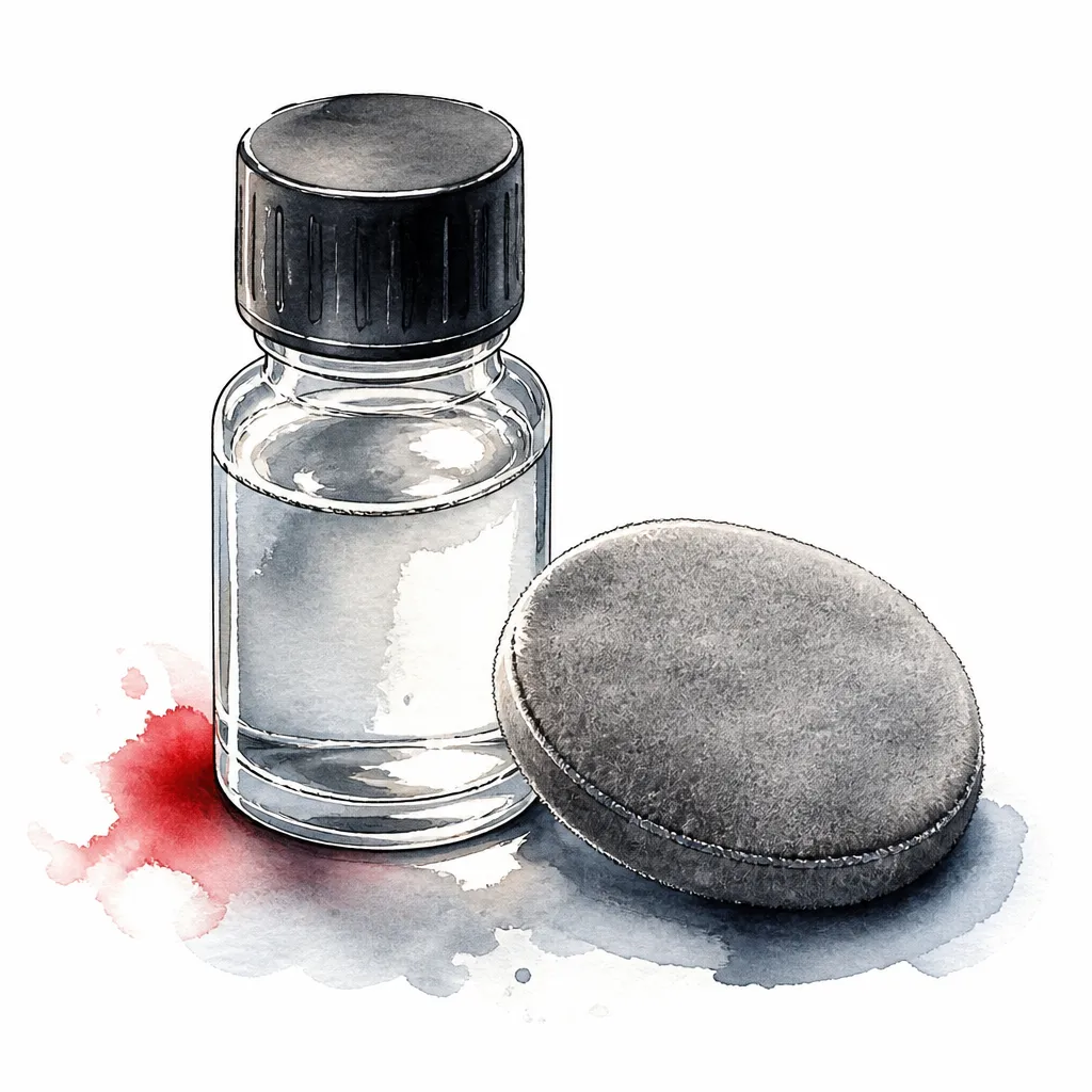 Watercolour illustration of a small bottle of rain repellent beside a round felt applicator.