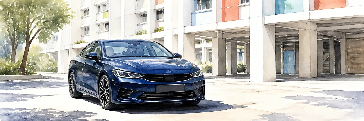 Watercolour illustration of a gleaming new dark blue saloon parked outside an HDB block in morning light.