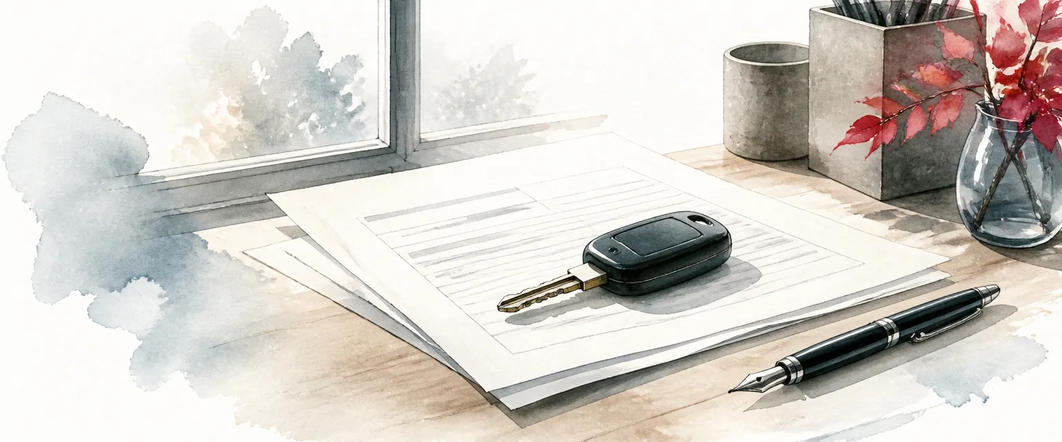 Watercolour illustration of a car key and pen resting on abstract registration paperwork on a quiet desk.