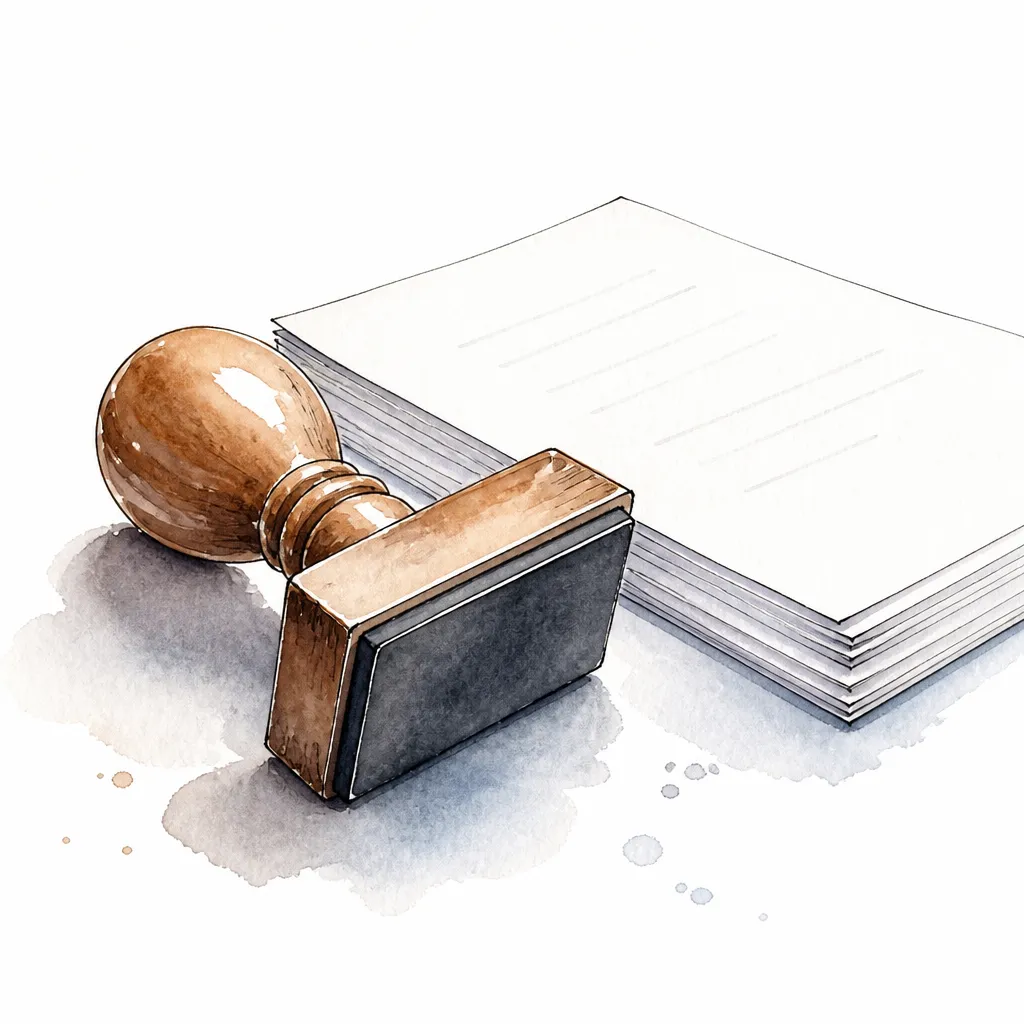 Watercolour illustration of a wooden rubber stamp beside a stack of blank paper forms.