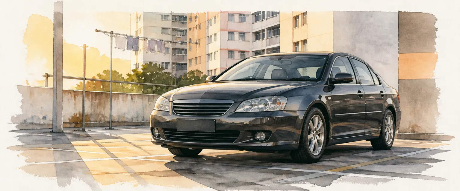 Watercolour illustration of a well kept dark grey saloon gleaming in an HDB car park at golden hour.