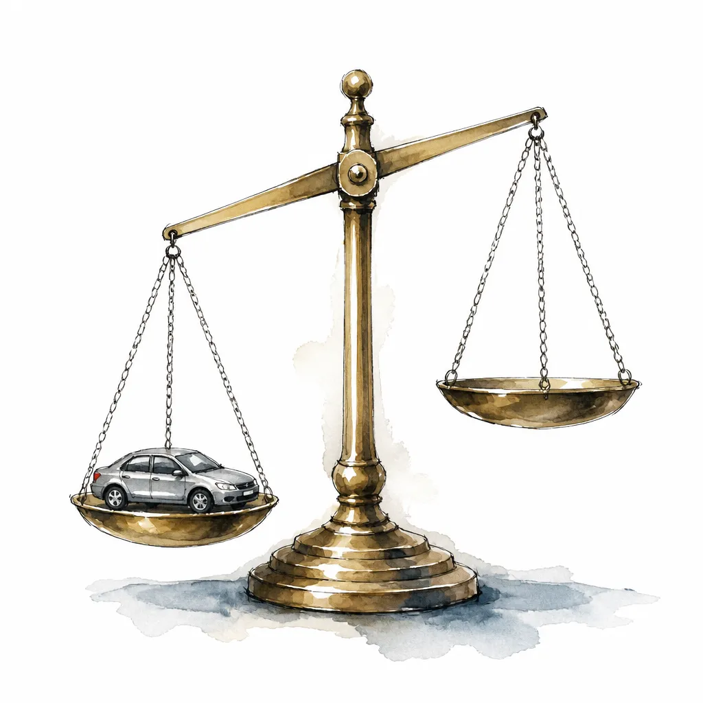 Watercolour illustration of a brass balance scale holding a tiny toy car in one pan.