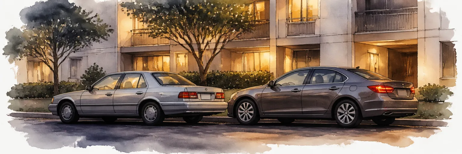 Watercolour illustration of an older and a newer saloon parked nose to tail outside an HDB block at dusk.