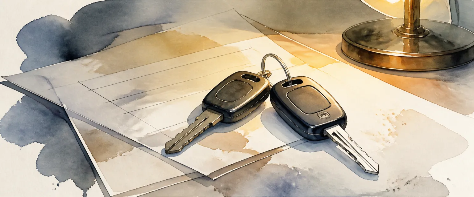 Watercolour illustration of an old key and a new key resting together on abstract transfer paperwork.