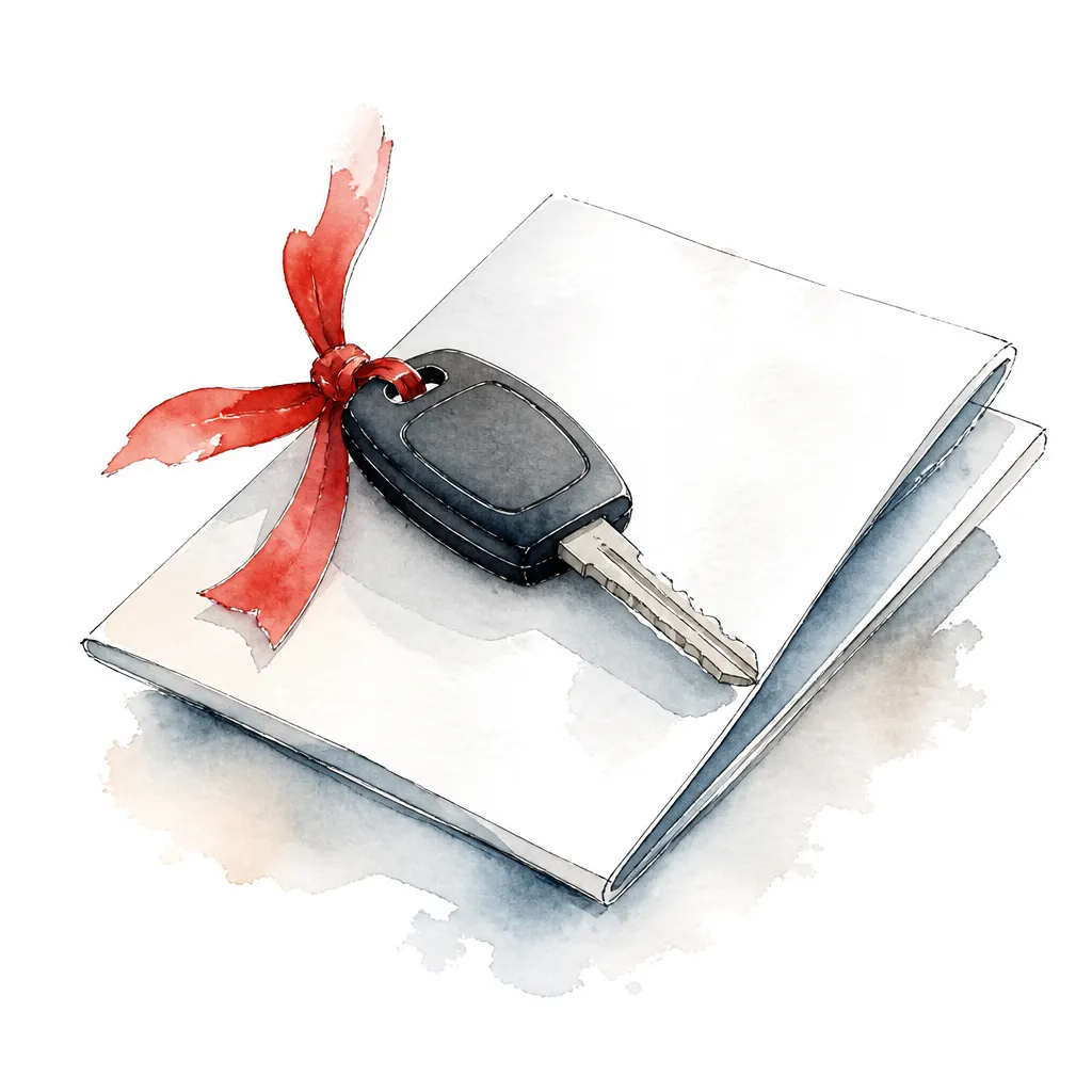 Watercolour illustration of a car key tied with a red ribbon on a folded blank form.