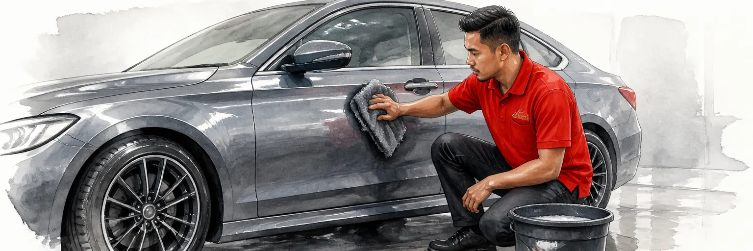 Watercolour illustration of a technician in a red polo wiping a grey car with a solution soaked plush towel.