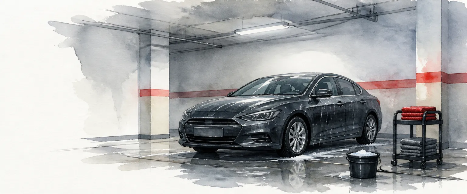 Watercolour illustration of a dark saloon being cleaned from a single bucket in a covered basement car park.